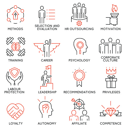 Vector set of 16 linear thin icons related to striving for success, leadership development, career progress and personal training. Mono line pictograms and infographics design elements - part 1