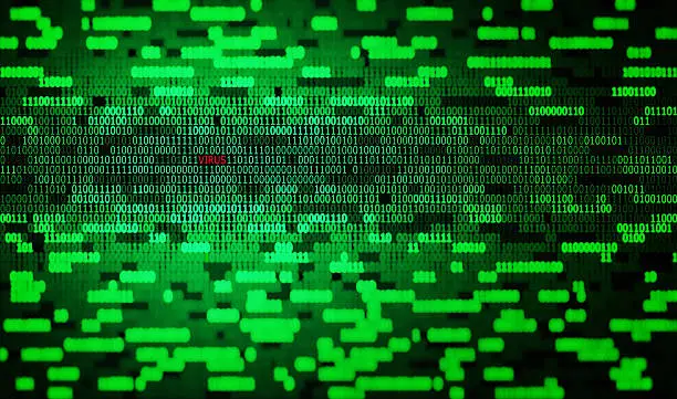 green binary code and red virus text tech background