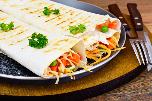 Pita Bread with Vegetables, Chinese Noodles and Arugula Studio Photo