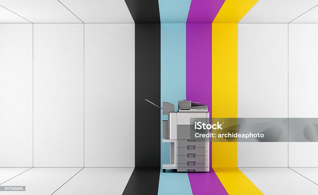 Concept of four-color printing Multifunction printer in a room with colorful panel - 3d rendering Photocopier Stock Photo