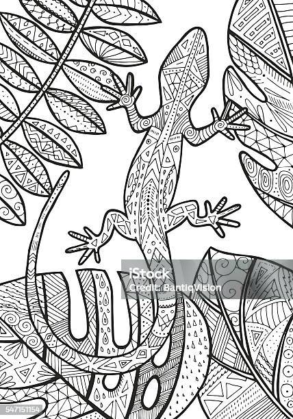 Lizard Illustration Stock Illustration - Download Image Now - Adult, Coloring Book Page - Illlustration Technique, Leaf
