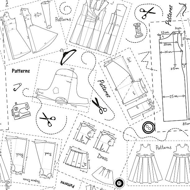 Background with patterns of women clothes and elements of sewing Background with patterns of women clothes and elements of sewing. Seam stock illustrations