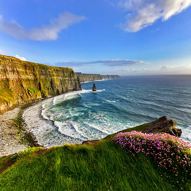 cliffs of moher at sunset, co. clare - republic of ireland cliffs of moher panoramic cliff imagens e fotografias de stock