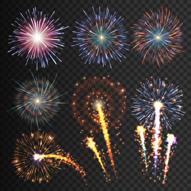 illustrazioni stock, clip art, cartoni animati e icone di tendenza di collezione fuochi d'artificio festosi di vari colori disposti su un nero - firework display