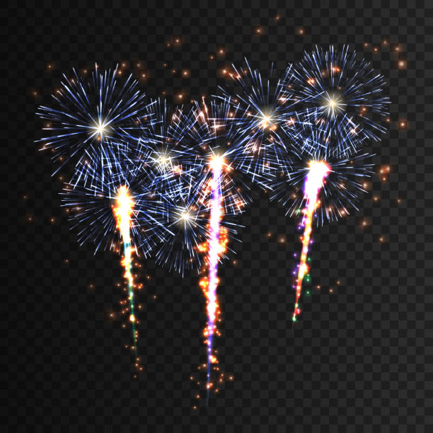 illustrazioni stock, clip art, cartoni animati e icone di tendenza di festoso fuoco d'artificio a motivi geometrici che esplode in varie forme pittogrammi scintillanti impostati - firework display pyrotechnics exploding star