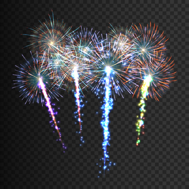 illustrazioni stock, clip art, cartoni animati e icone di tendenza di festoso fuoco d'artificio a motivi geometrici che esplode in varie forme pittogrammi scintillanti impostati - firework display pyrotechnics exploding star