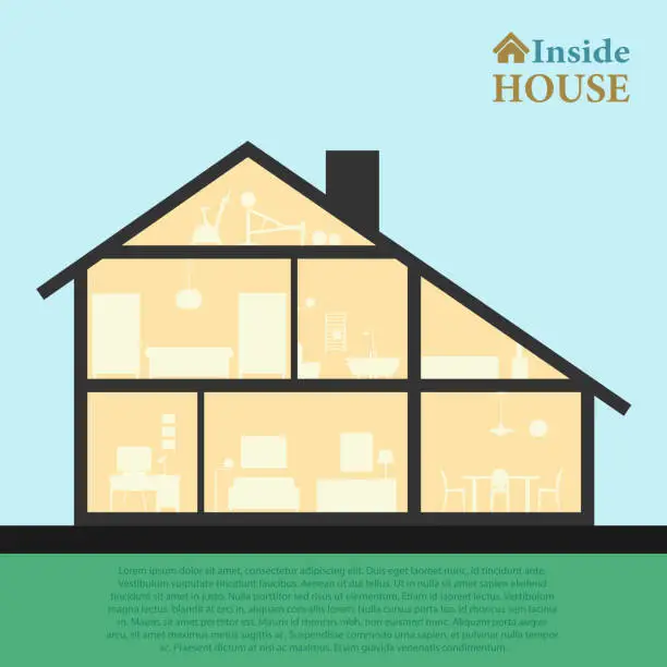 Vector illustration of House inside. Detailed modern  interior in cut. Flat style vector