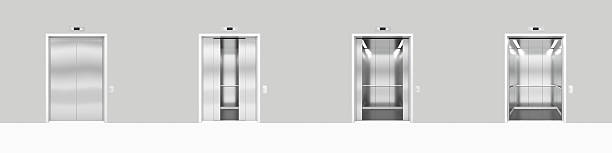 Set open and closed chrome metal office building elevator doors