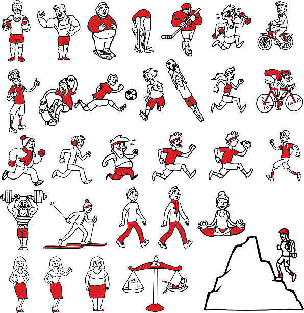 Collection of human caricatures doing sports 30 caricatures of men and women traiing and doing sports hot male drawing stock illustrations