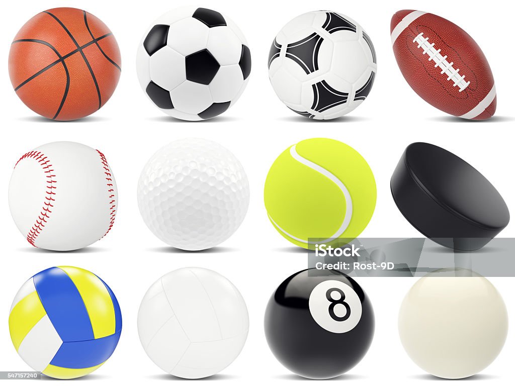 Set of sports balls, soccer, basketball, rugby, tennis, volleyball, hockey Set of sports balls, soccer, basketball, rugby, tennis, volleyball, hockey baseball, billiards, golf, puck, 3d illustration Soccer Stock Photo