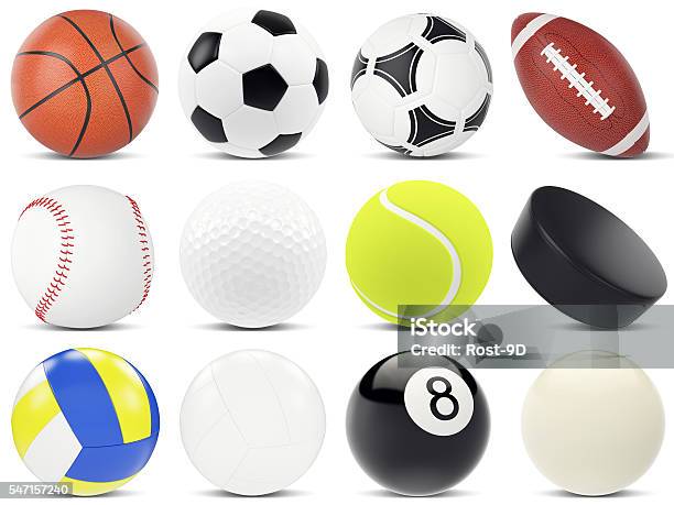 Set Of Sports Balls Soccer Basketball Rugby Tennis Volleyball Hockey Stock Photo - Download Image Now