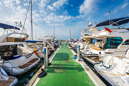 Yachts lined up along pontoon at marina of Puerto Portals, Majorca, Spain, Europe