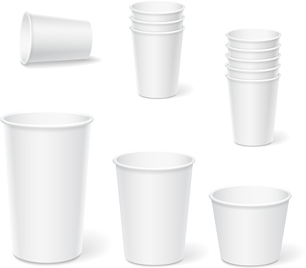 Paper coffee cups on a white background. Vector set