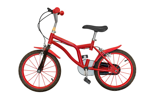 image of red children's bicycle isolated on white background