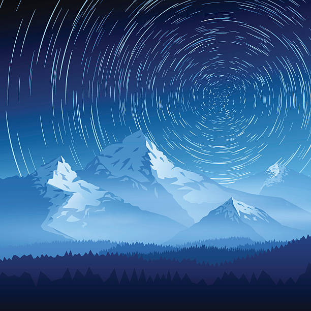 ilustrações, clipart, desenhos animados e ícones de paisagem da montanha com estrelas em uma longa exposição - long exposure illustrations