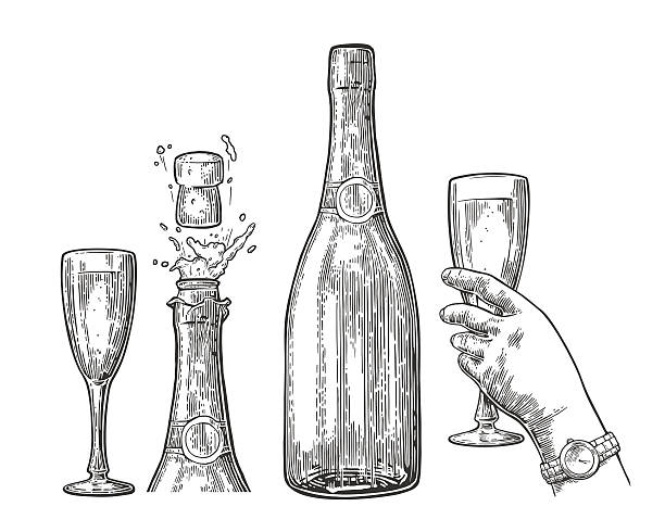 ilustrações, clipart, desenhos animados e ícones de garrafa de champanhe explosão e vidro de mão. - white background wine bottle isolated on white champagne