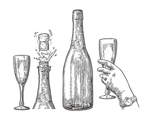 Bottle of Champagne explosion and hand hold glass. Vintage vector engraving illustration for web, poster, invitation to beer party. Hand drawn design element isolated on white background.