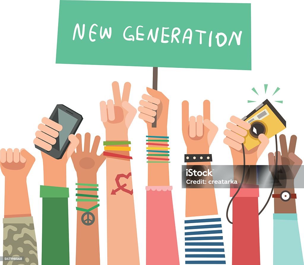 Youth crowd with banner. Manifesting new generation crowd Youth crowd with banner. Manifesting new generation crowd. A lot of hands of young people with different gestures. Vector illustration in flat style Teenager stock vector