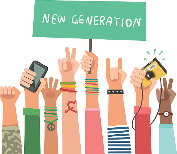 Youth crowd with banner. Manifesting new generation crowd Youth crowd with banner. Manifesting new generation crowd. A lot of hands of young people with different gestures. Vector illustration in flat style adolescence illustrations stock illustrations