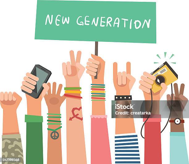 Youth Crowd With Banner Manifesting New Generation Crowd Stock Illustration - Download Image Now