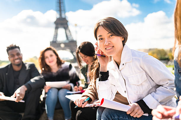 Happy student in paris during the lesson