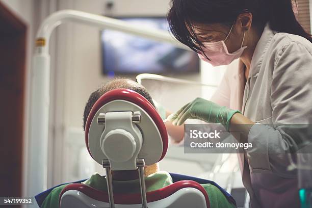 Dentista Examina Los Dientes Del Paciente Foto de stock y más banco de imágenes de Salud dental - Salud dental, Instrumento de dentista, Consultorio dental