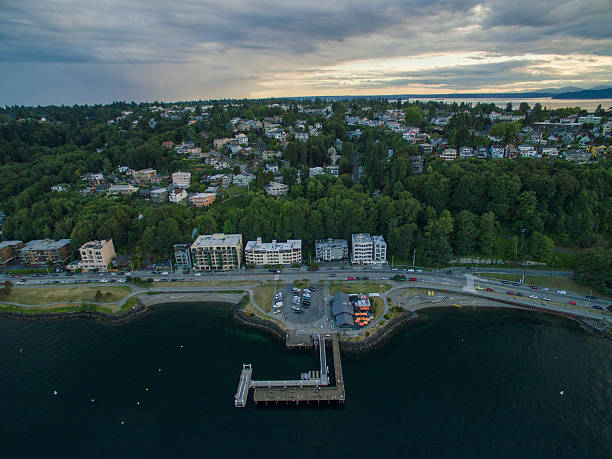 istock Aerial West Seattle Landscape View Sunset Golden Clouds, Pier Dock 547199942