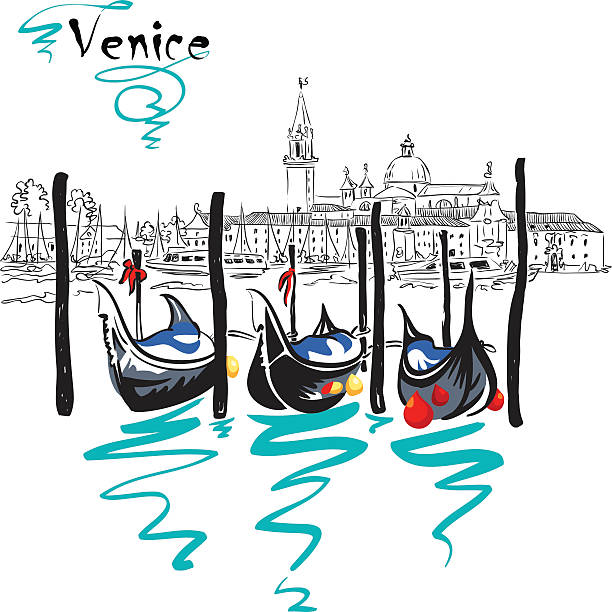 Vector Gondolas in Venice lagoon, Italia Gondolas moored by Saint Mark square with San Giorgio di Maggiore church in the background in Venice lagoon, Italia. italie stock illustrations