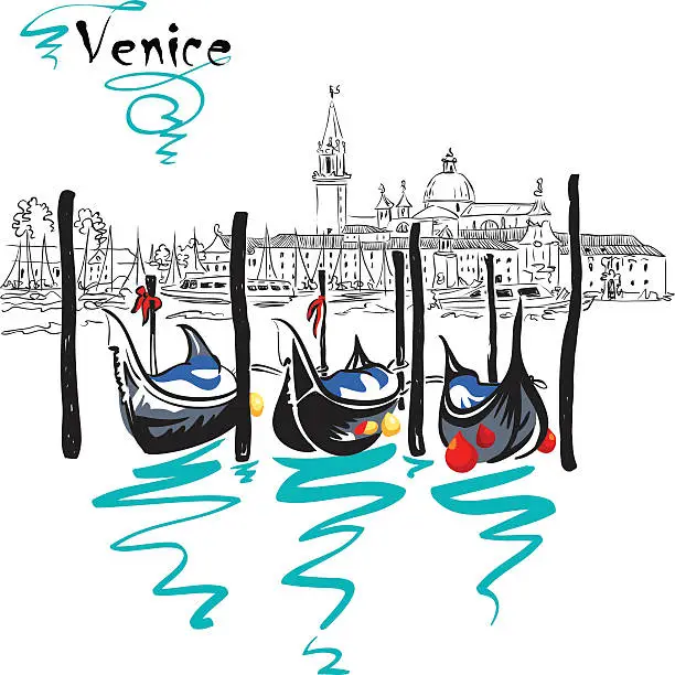 Vector illustration of Vector Gondolas in Venice lagoon, Italia