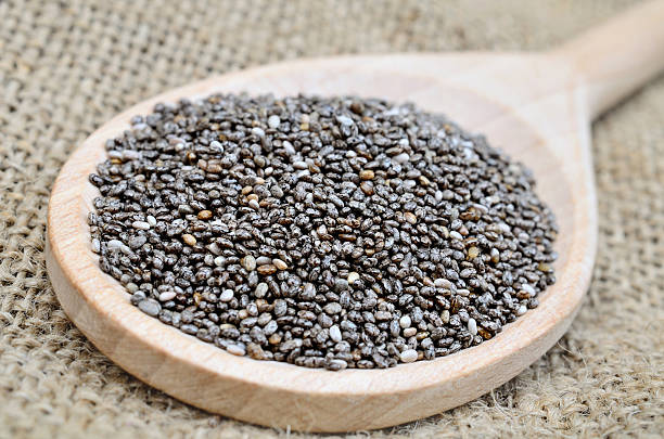 istock Wooden spoon with chia seeds on table 547204584