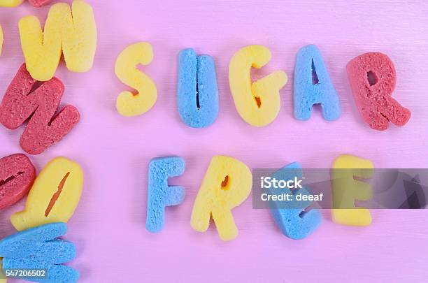 Words Sugar Free On Pink Table Stock Photo - Download Image Now - Above, Alphabet, Close-up