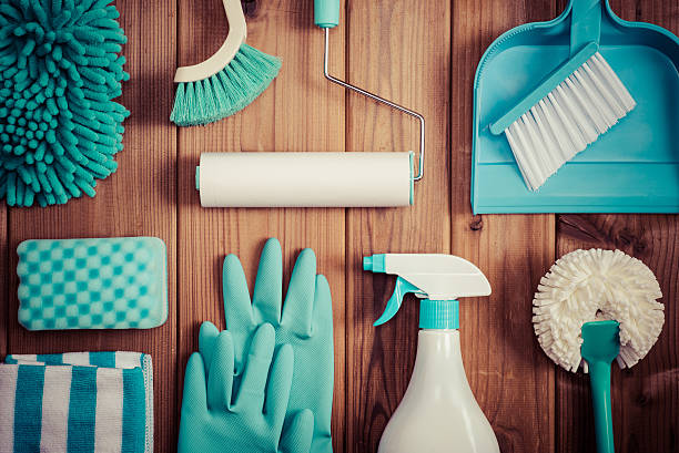 istock Cleaning tools placed on top of the wood table 547206632