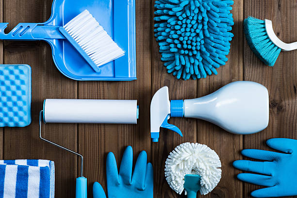 istock Cleaning tools placed on top of the wood table 547206778