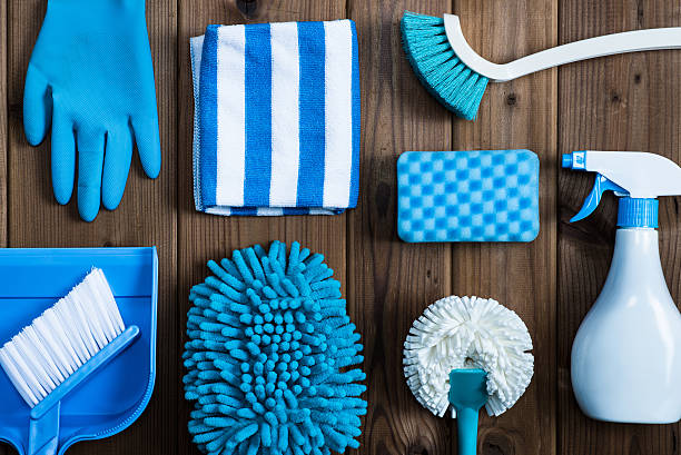 istock Cleaning tools placed on top of the wood table 547206884