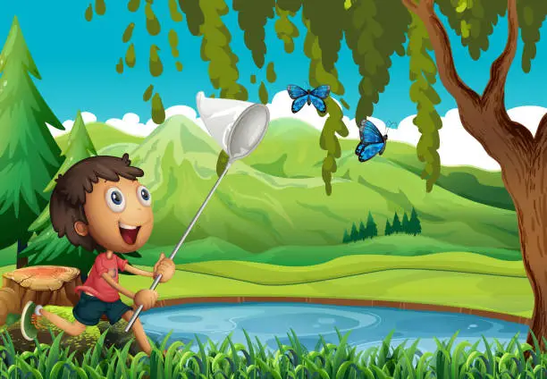 Vector illustration of Boy catching butterflies with net