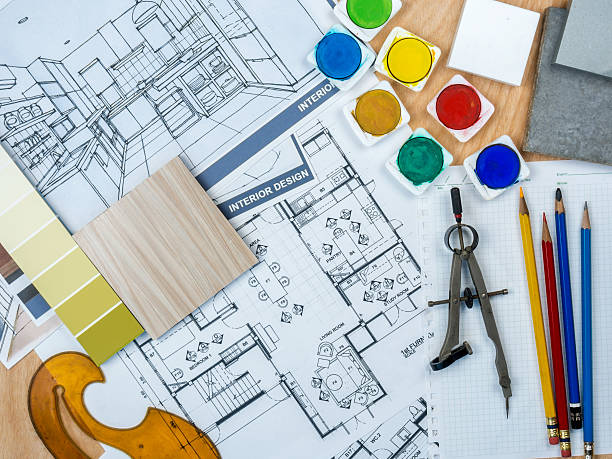 istock Artistic worktable with sketch & blue print/ estate business conceptual 547209990
