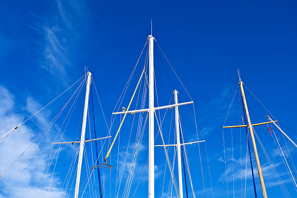 istock Looking up the mainmasts and blue sky background, around port. 547212546