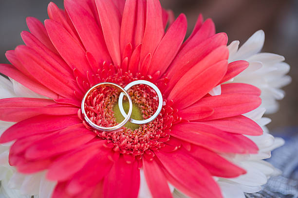 istock Wedding rings on red and white flowers 547217266