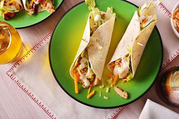 istock Two khicken fajitas on green plate top view 547217514