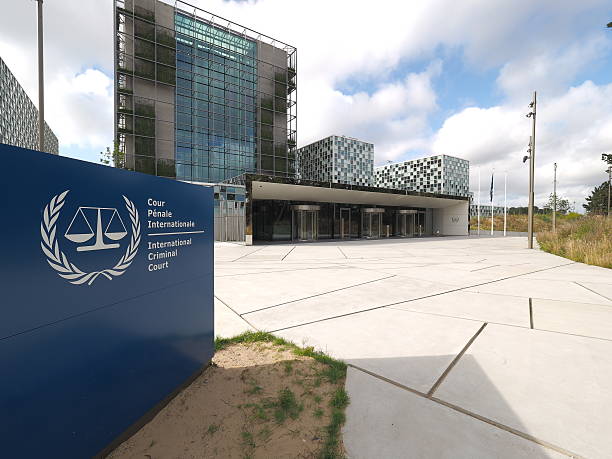The International Criminal Court forecourt, entrance and sign The Hague, Netherlands - July 5, 2016: The International Criminal Court forecourt, entrance and sign at the new 2016 opened ICC building. the hague photos stock pictures, royalty-free photos & images