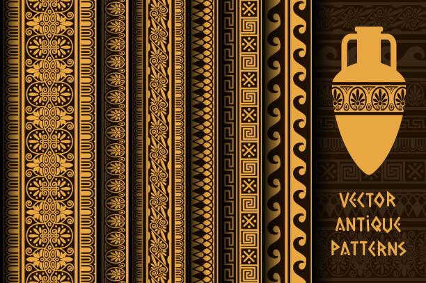 zestaw dekoracji obramowania. antyczne etniczne bezszwowe wzory - pattern seamless backgrounds greek culture stock illustrations