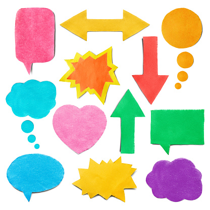 Set of colorful paper speech bubbles on white background