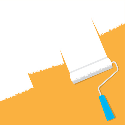 A paint roller with white paint on an orange background