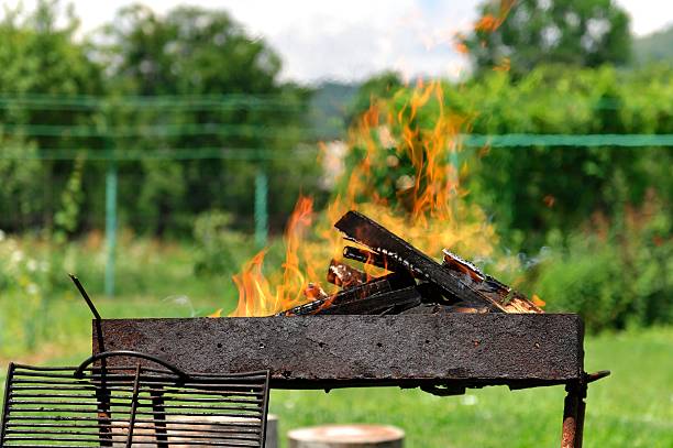 A cookout in the backyard with an old and ruty barbecue grill (appliance) in the grass. 