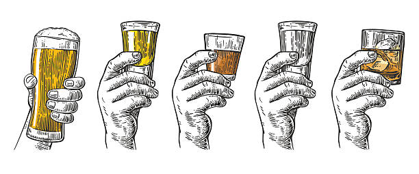 Male hand holding a glasses with beer, tequila, vodka, rum, whiskey and ice cubes. Vintage vector engraving illustration for label, poster, invitation to invitation to party and birthday.