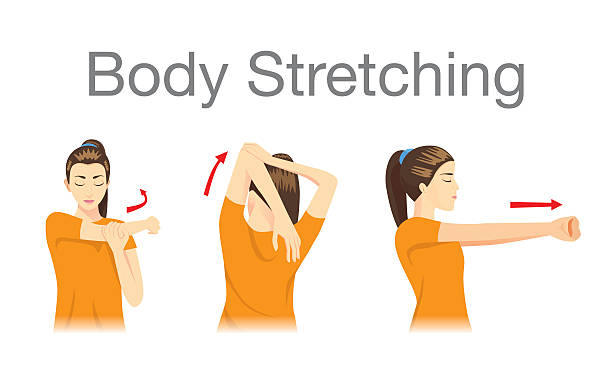Muscles stretching posture. Muscles stretching posture for aches treatment at shoulder, arm, neck and back. human neck illustrations stock illustrations