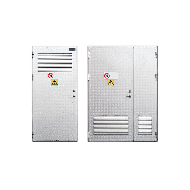 istock Metal doors with High Voltage signs isolated 547227852