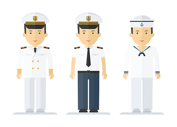 profession sailor mans suits Set of sailor man in uniform. Objects isolated on white background. Flat cartoon vector illustration. boat captain illustrations stock illustrations