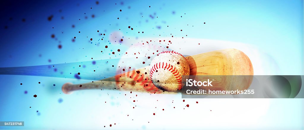 wooden baseball bat hitting a ball wooden baseball bat hitting a ball isolated on blue background Baseball - Ball Stock Photo