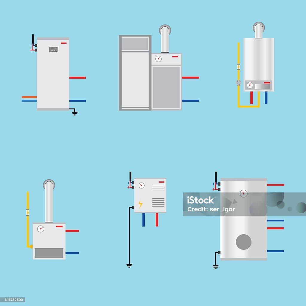 Different boilers icons set. Flat style. Different boilers icons set. Flat style. Electrical, gas, Pyrolysis boilers and heat pump. Efficient house concept. Vector illustration for your design. Boiler stock vector